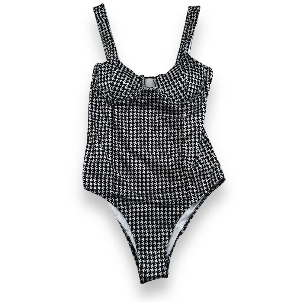 Live Life On The Beach Black Swimsuit Medium One Piece Houndstooth Bathing Suit